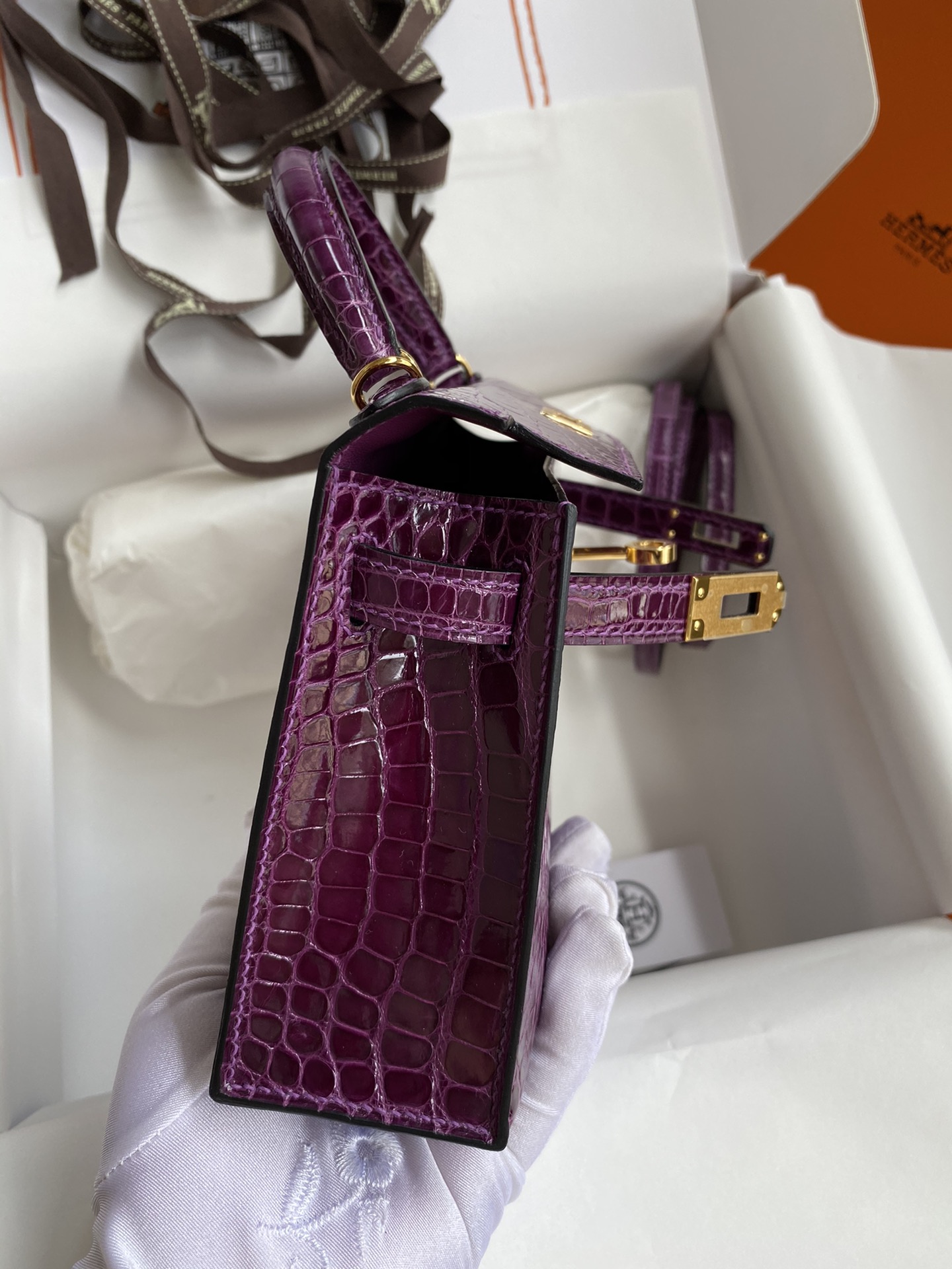 Hermes Kelly Mini II Bag 19CM In Dark Purple Shiny Alligator Leather